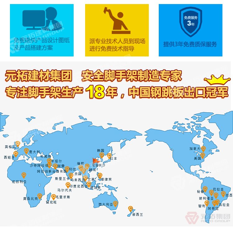 元拓建材集團，安全腳手架制造專家！專注腳手架生產(chǎn)18年，中國鋼跳板出口冠軍！